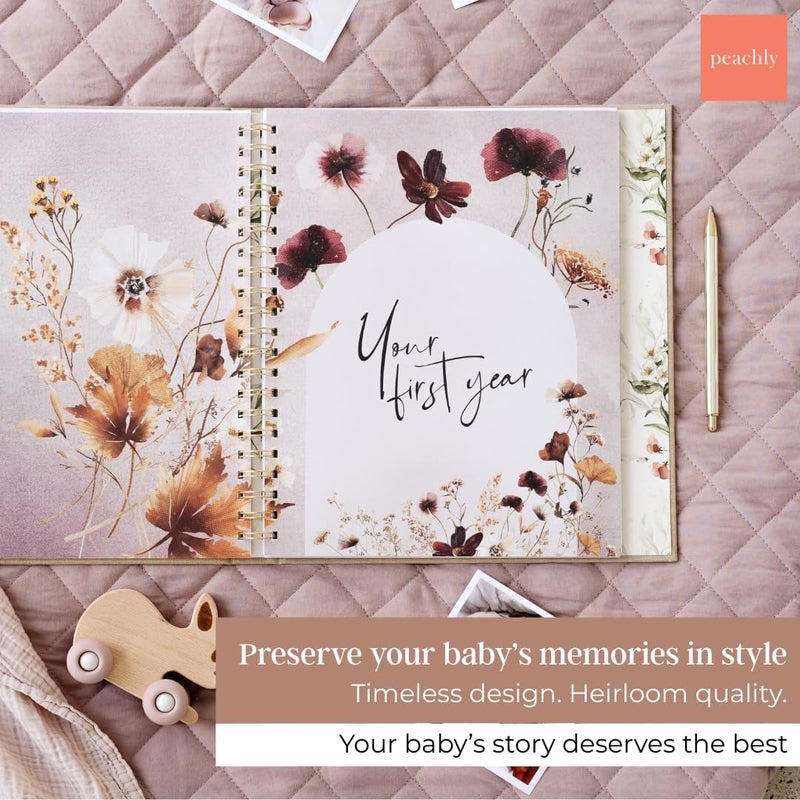 Peachly Baby Book for Girl | Minimalist Baby Memory Book | First Year Baby Book Keepsake for Milestones and Memories | Simple Baby Scrapbook Linen Cover - Fleur - Image 3